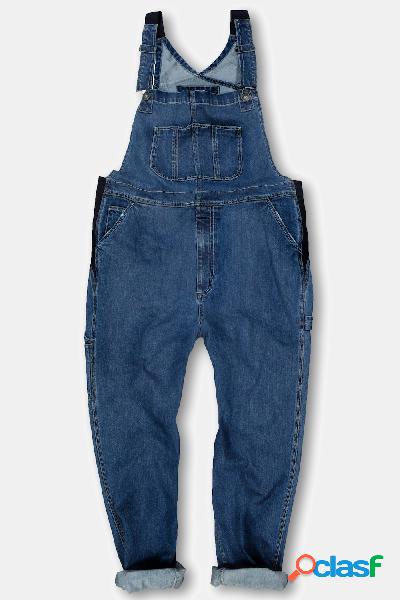 Salopette, denim, tante tasche, inserti elastici, relaxed