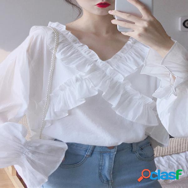 Solid Leisure Holiday Casual Casual Top manica lunga per le