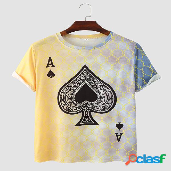 T-shirt casual da uomo Poker Spade Ombre Print Hem Cuff Crew