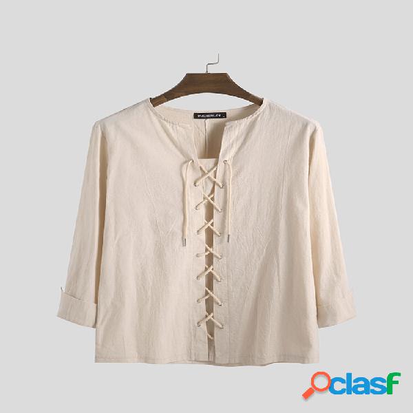T-shirt casual da uomo a maniche lunghe con collo in cotone