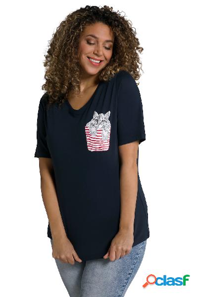 T-shirt classica con gatto, scollo a girocollo e mezze