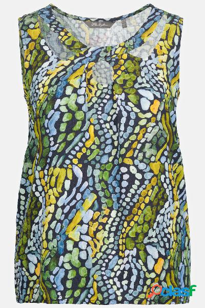 Top smanicato in misto lino con pennellate e scollo a