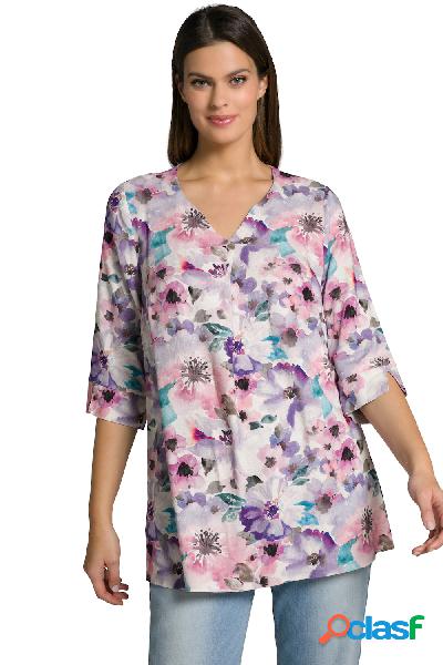 Tunica in misto lino con fiori in stile acquarello, scollo a