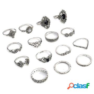 Universal Vintage Boho Ring Set for Women - 15 Pcs. - Silver