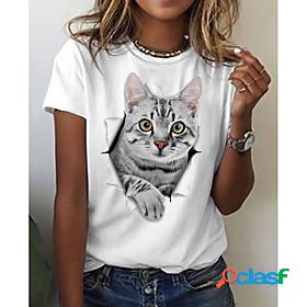 Womens 3D Cat T shirt Cat 3D Animal Print Round Neck Basic