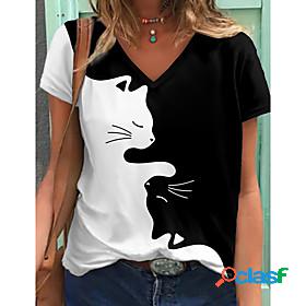 Womens 3D Cat T shirt Cat Graphic Color Block Print V Neck