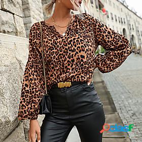 Womens Blouse Leopard V Neck Tops Khaki