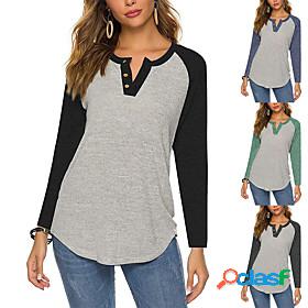 Womens Blouse Long Sleeve Color Block Round Neck Button