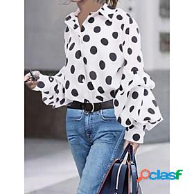 Womens Blouse Polka Dot Shirt Collar Tops Puff Sleeve White