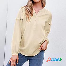Womens Blouse Puff Sleeve Button Classic Plain V Neck Spring
