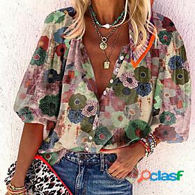 Womens Blouse Shirt Floral Flower Long Sleeve V Neck Tops