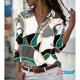 Womens Blouse Shirt Plaid Color Block Geometric Shirt Collar