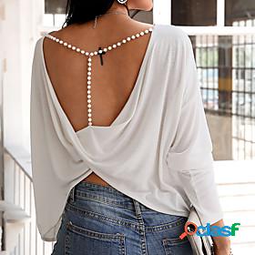 Womens Blouse Shirt Plain Round Neck Backless Casual