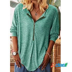 Womens Blouse Shirt Plain V Neck Quarter Zip Casual