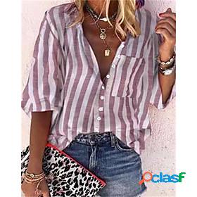 Womens Blouse Shirt Striped Long Sleeve Pocket Patchwork