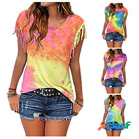 Womens Blouse T shirt Tassel Basic Tropical Tie Dye T-shirt
