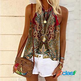 Womens Blouse Tank Top Geometric Round Neck Boho Tops Blue