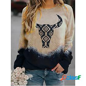 Womens Color Block Cow Brown Sweatshirt Pullover Print Daily