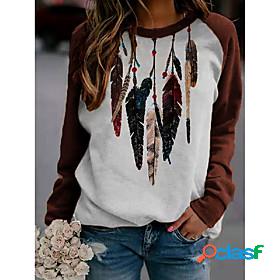 Womens Feather Brown Sweatshirt Patchwork Print Other Prints