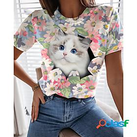 Womens Floral Theme 3D Cat T shirt Floral Cat 3D Print Round
