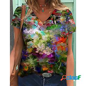 Womens Floral Theme T shirt Floral Graphic Print V Neck Tops