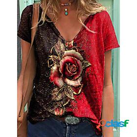 Womens Floral Theme T shirt Floral Plants V Neck Tops Basic
