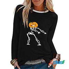 Womens Halloween T shirt Painting Long Sleeve Skull Pumpkin