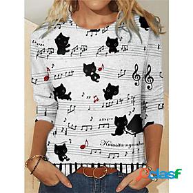 Womens Holiday T shirt 3D Cat Long Sleeve Cat Round Neck