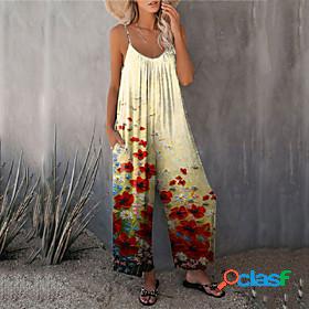 Womens Jumpsuit Floral Print Active Crew Neck Street Casual