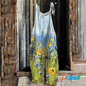 Womens Jumpsuit Floral Print Casual Crew Neck Wide Leg