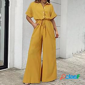 Womens Jumpsuit Solid Color Drawstring Casual Shirt Collar