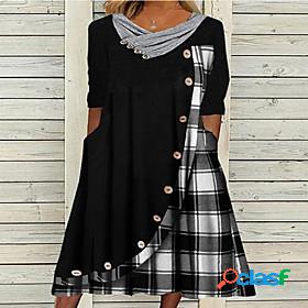 Womens Knee Length Dress A Line Dress Black Long Sleeve