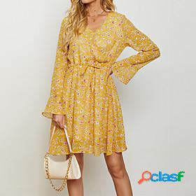 Womens Knee Length Dress A Line Dress Yellow Long Sleeve