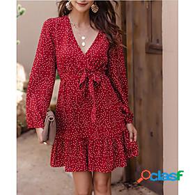 Womens Knee Length Dress Chiffon Dress Red Long Sleeve Print