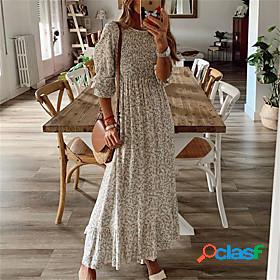 Womens Maxi long Dress A Line Dress Beige 3/4 Length Sleeve