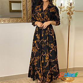 Womens Maxi long Dress A Line Dress Black Gold Long Sleeve