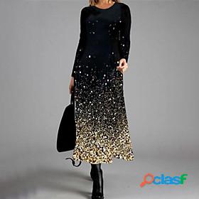 Womens Maxi long Dress A Line Dress Black Long Sleeve Print