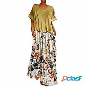 Womens Maxi long Dress T Shirt Dress Tee Dress Blue Yellow