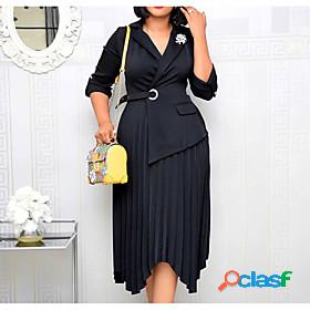 Womens Midi Dress A Line Dress Black Khaki 3/4 Length Sleeve