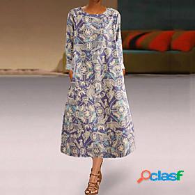 Womens Midi Dress A Line Dress Blue Long Sleeve Print Print