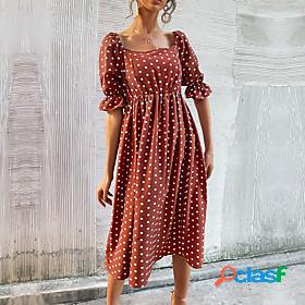Womens Midi Dress A Line Dress Brown Short Sleeve Print
