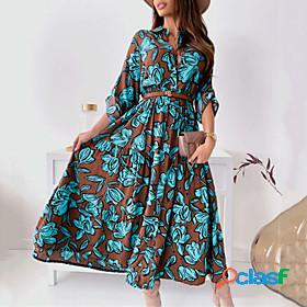 Womens Midi Dress A Line Dress Green 3/4 Length Sleeve Print