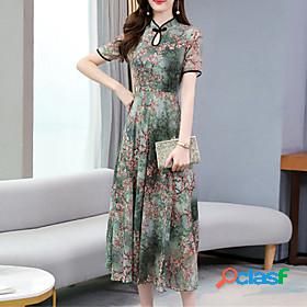 Womens Midi Dress A Line Dress Green Brown Short Sleeve