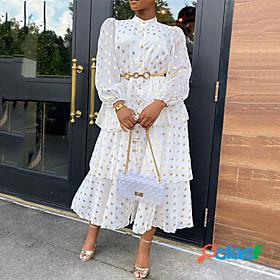 Womens Midi Dress A Line Dress White Long Sleeve Layered