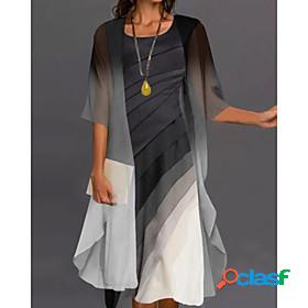 Womens Midi Dress Shift Dress Grey Half Sleeve Print Striped