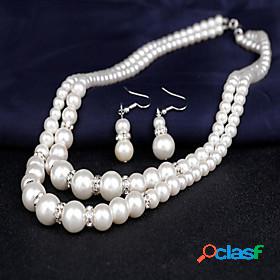 Womens Pearl Necklace Earrings Bridal Jewelry Sets Double