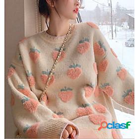 Womens Pullover Sweater Peach Knitted Patchwork Print Casual