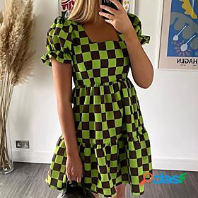 Womens Short Mini Dress A Line Dress Black and green grid