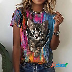 Womens T shirt Abstract 3D Cat Painting Cat Tie Dye 3D Round