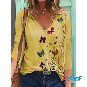 Womens T shirt Butterfly Long Sleeve Print V Neck Basic Tops